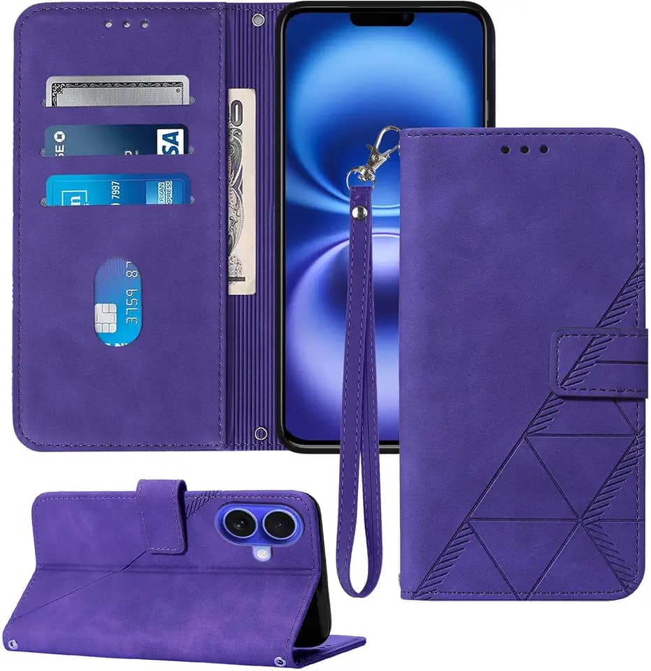 PU Leather Flip Wallet Case for iPhone 16 (Purple)