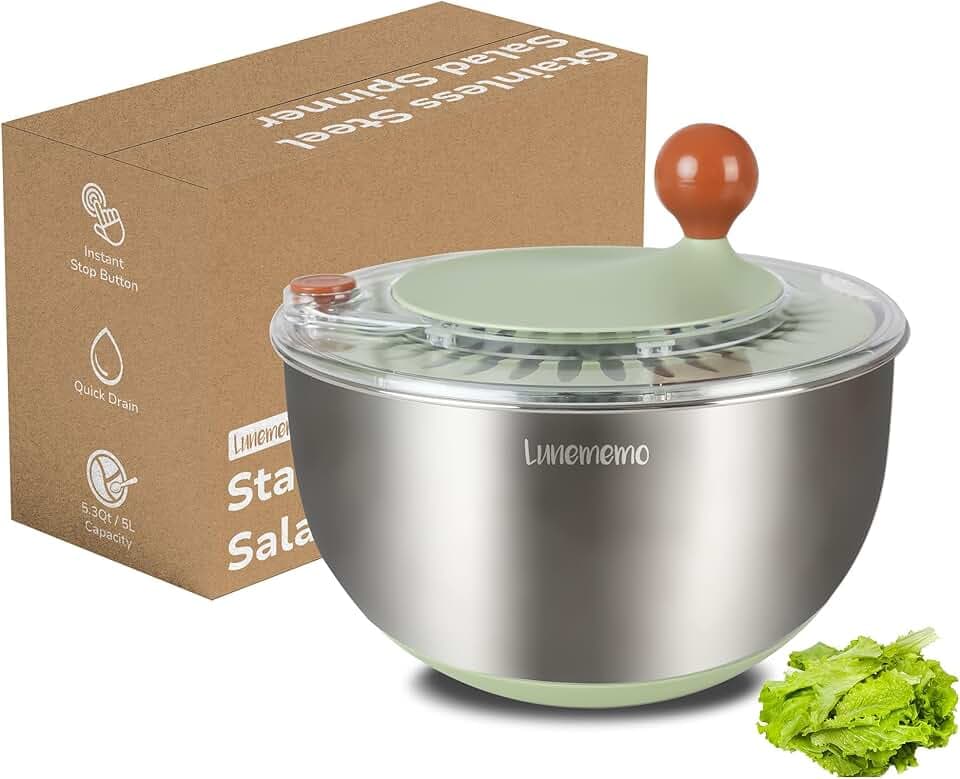 Lunememo 5L Salatschleuder Edelstahl 18/10, Rutschfester Boden & Stopptaste, Groß Salat Schleuder mit Deckel, BPA-frei