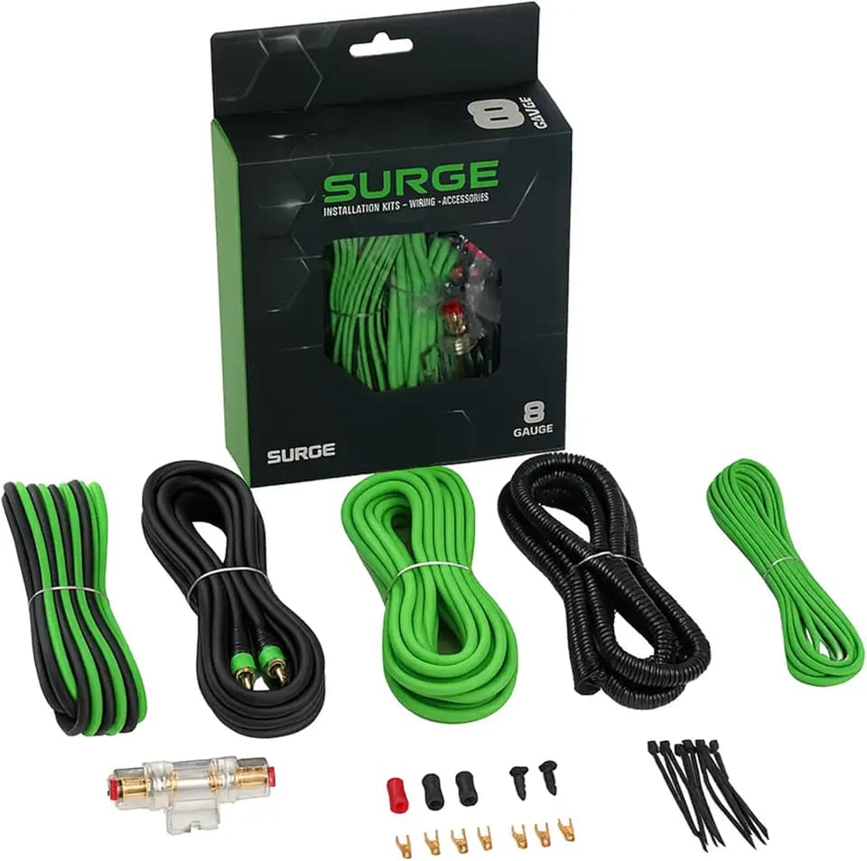Surge 8-Gauge Car Amplifier Wiring Kit – 20ft Green Power Cable, 20ft RCA Interconnect, 30ft Speaker Wire, Mini-AGU Fuse Holder, Split Loom & Accessories – Car Audio Amp Install Kit