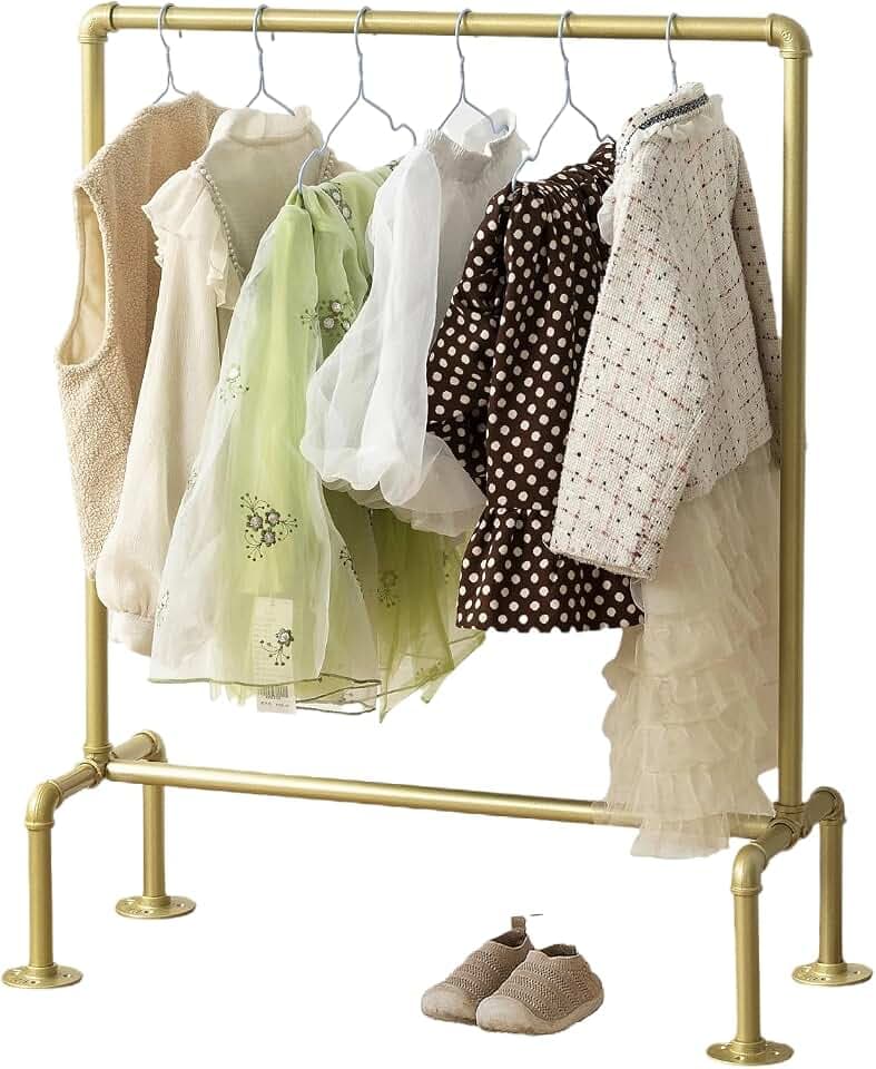 Industrielle Kinderrohre, Kleiderständer, Kinder-Kleiderständer, hängende Kleiderstange, Aufbewahrung, Regal, Regale, goldfarbenes Metall
