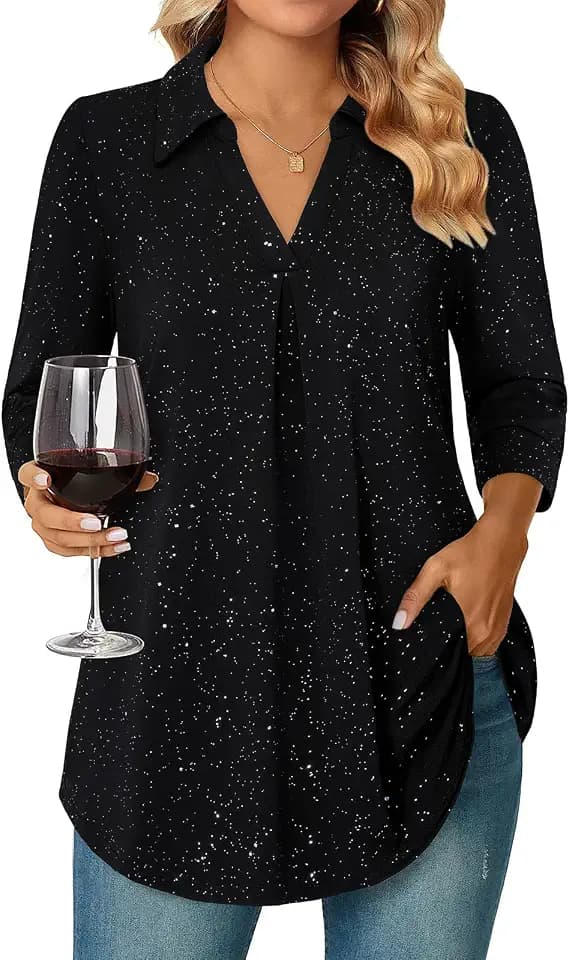 Bulotus 3/4 Length Sleeve Womens Tops Dressy Casual V Neck Collared Blouses Work Office Tunics 2026 Spring Summer