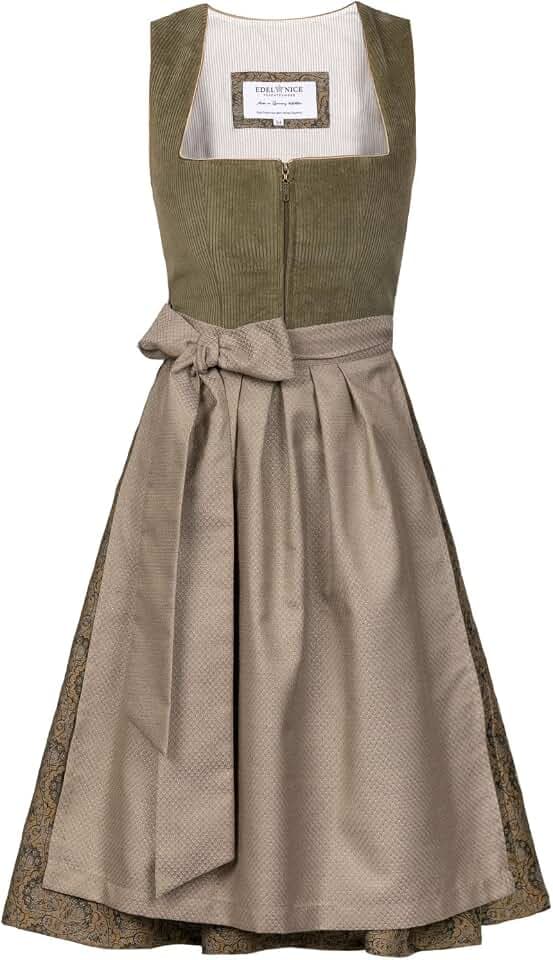 Edelnice Trachtenmode Midi Dirndl Emilia Grün Cord inkl. traditioneller Dirndlschürze