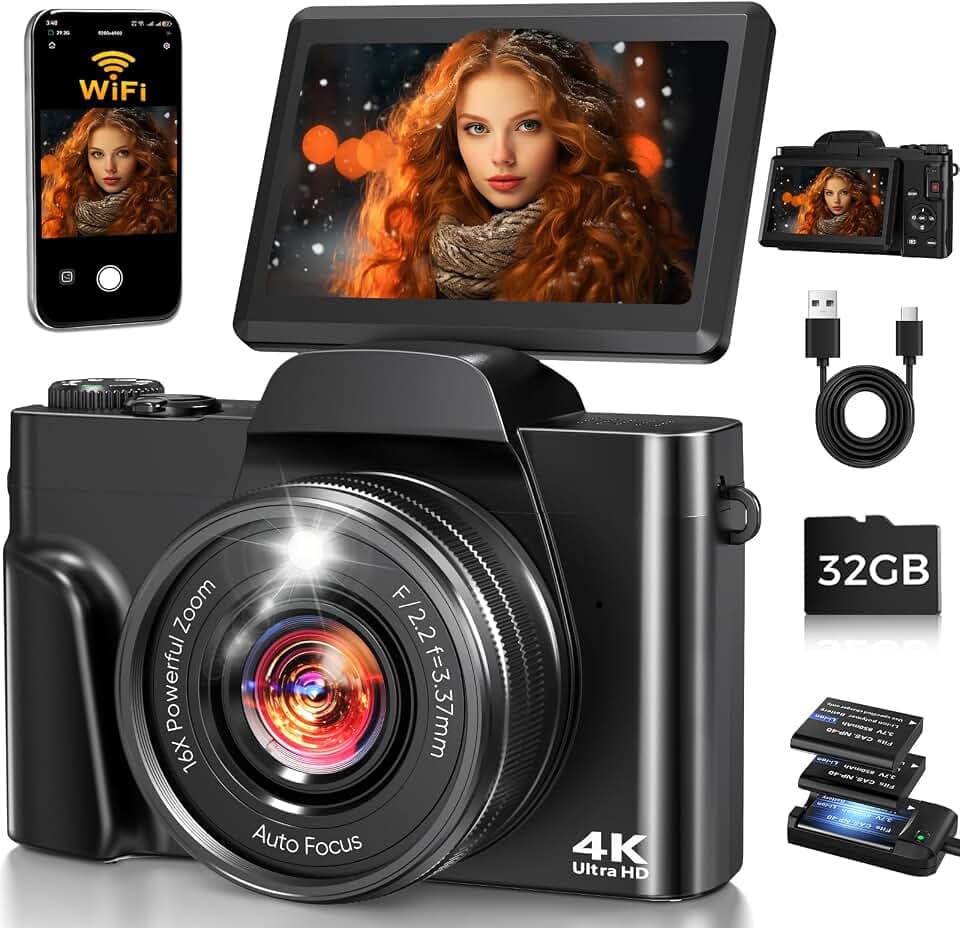 4K Digital Camera WiFi 180° Flip Screen Autofocus 64MP 16X Zoom, Black