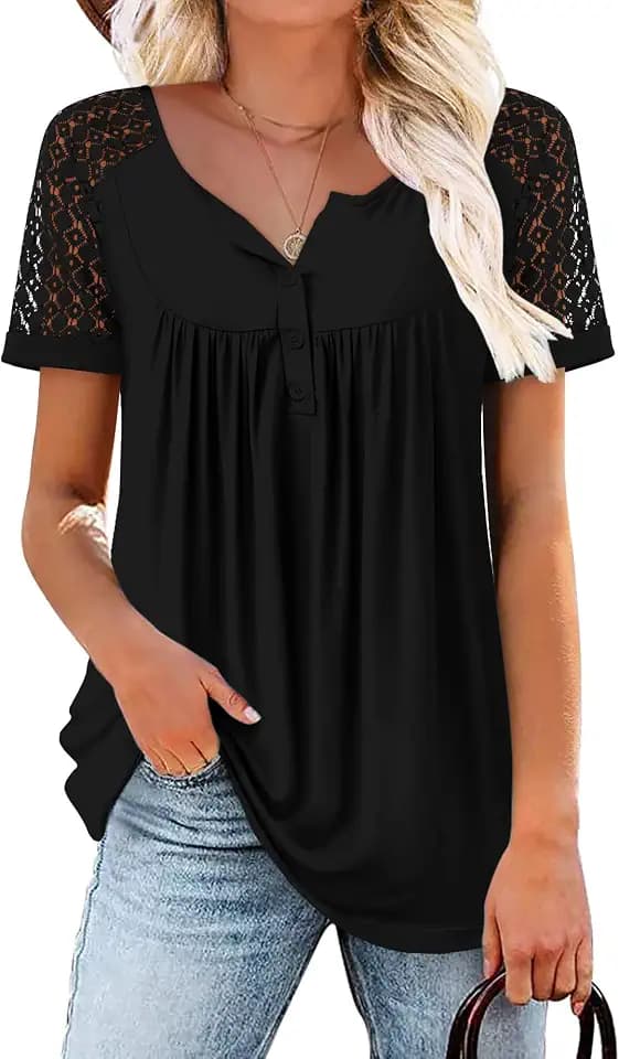 Mystry Zone Womens Henley V Neck Casual Blouse Button Down T Shirts Flare and Flowy Tops