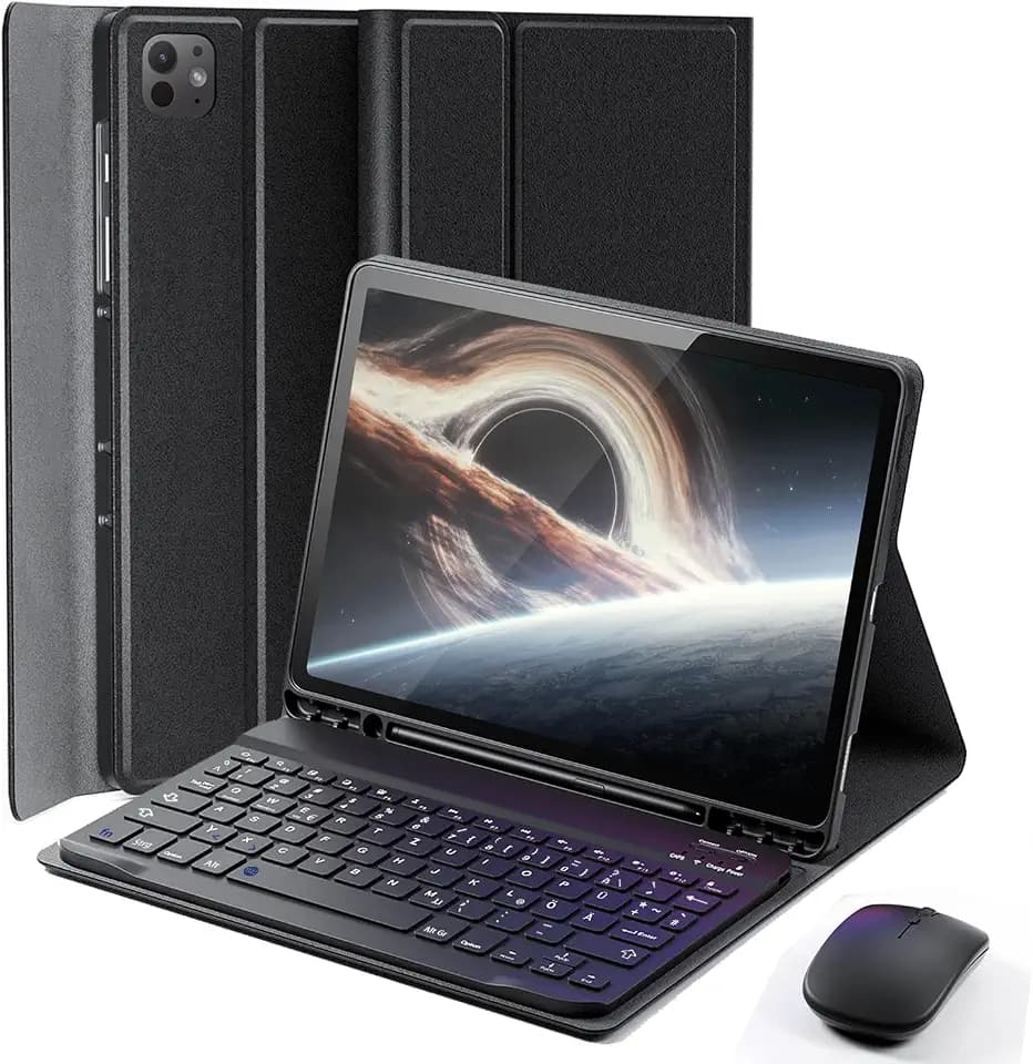für iPad Pro 11 Zoll M4 2024 (5 Generation )Hülle mit kabelloser Bluetooth Deutsche Zeichen Tastatur (QWERTZ) und Maus, Schutzhülle mit Stifthalter, Rillenhülle Magnetisch Keyboard case Schwarz
