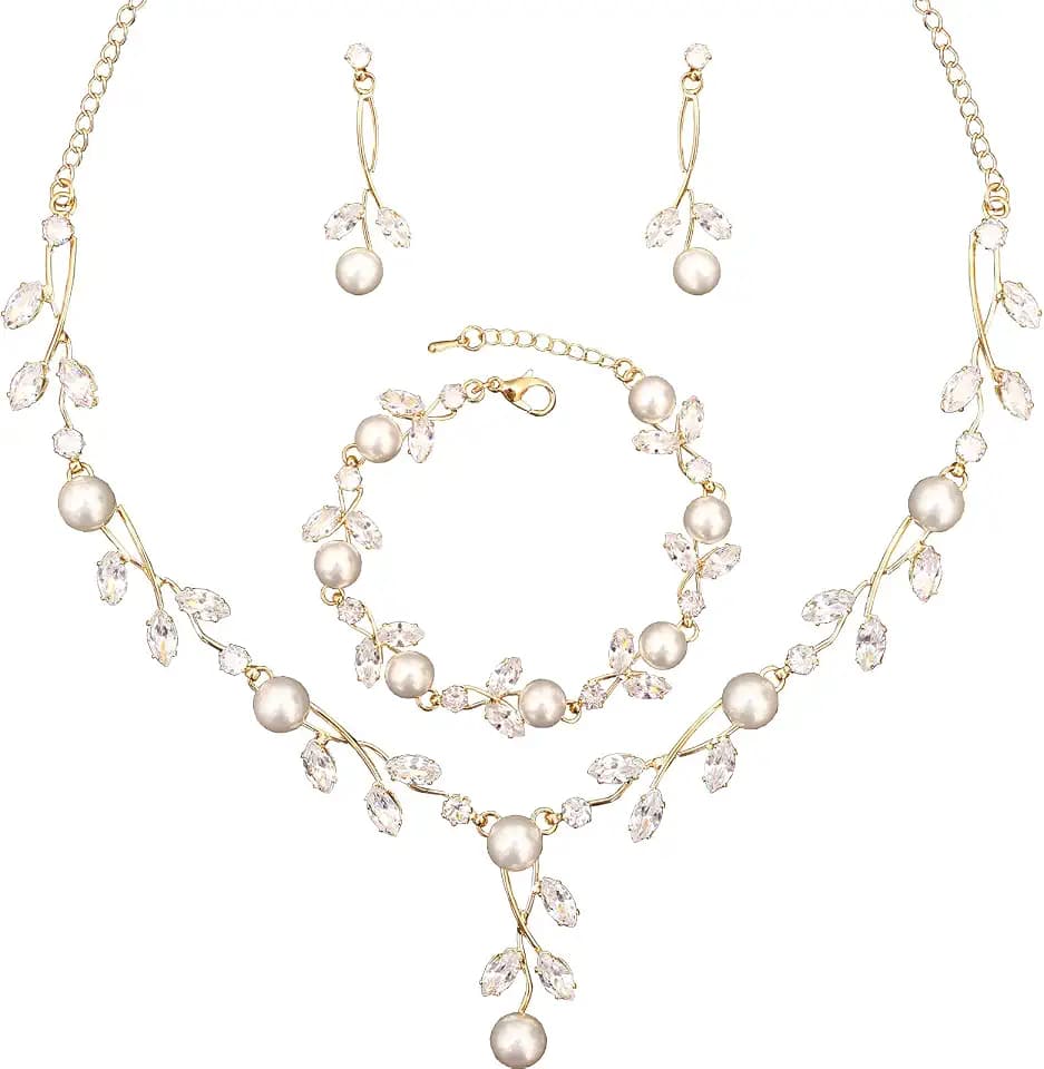 Luxury Cubic Zirconia Aurtrian Crystal Pearl Floral Necklace Dangle Earrings Wedding Bridal Jewelry Set Birthday Gifts for Her