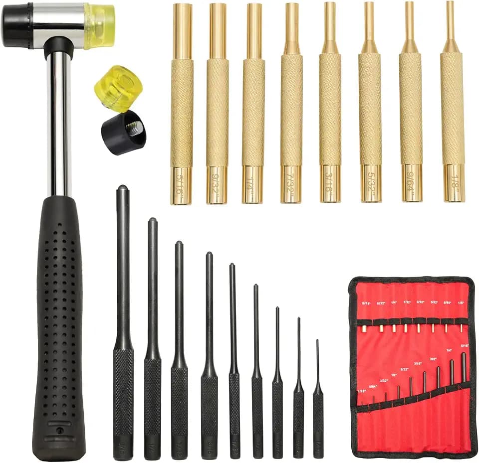 Pin Punch Set, 20pcs Punch Removing Repair Tools, Including Brass Pin Punches, Steel Pin Punches with Storage Pouch&Hammer (Brass+Steel Pin Punches)
