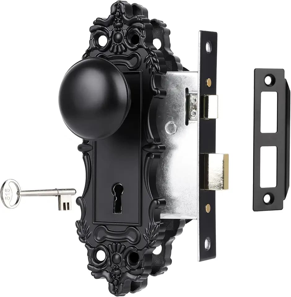 Vintage Mortise Door Knobs with Skeleton Key, Mortise Lock Set for Interior Door, Antique Old Style Door Knob Lock Replacement, Matte Black