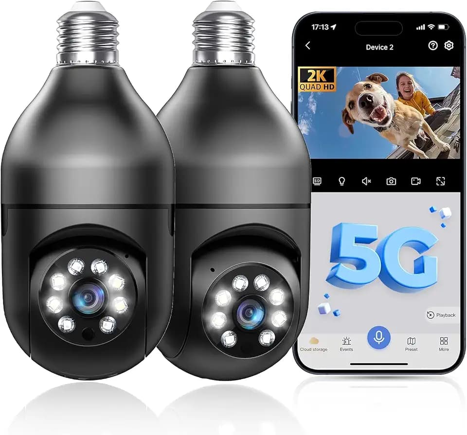 Light Bulb Security Camera 5G/2.4GHz WiFi 2K Lightbulb Security Cameras Wireless Outdoor, 360 Screw in Sight Bulb Motion Detection Siren Alarm Light Socket Camera 2-Way Audio Color Night Vision
