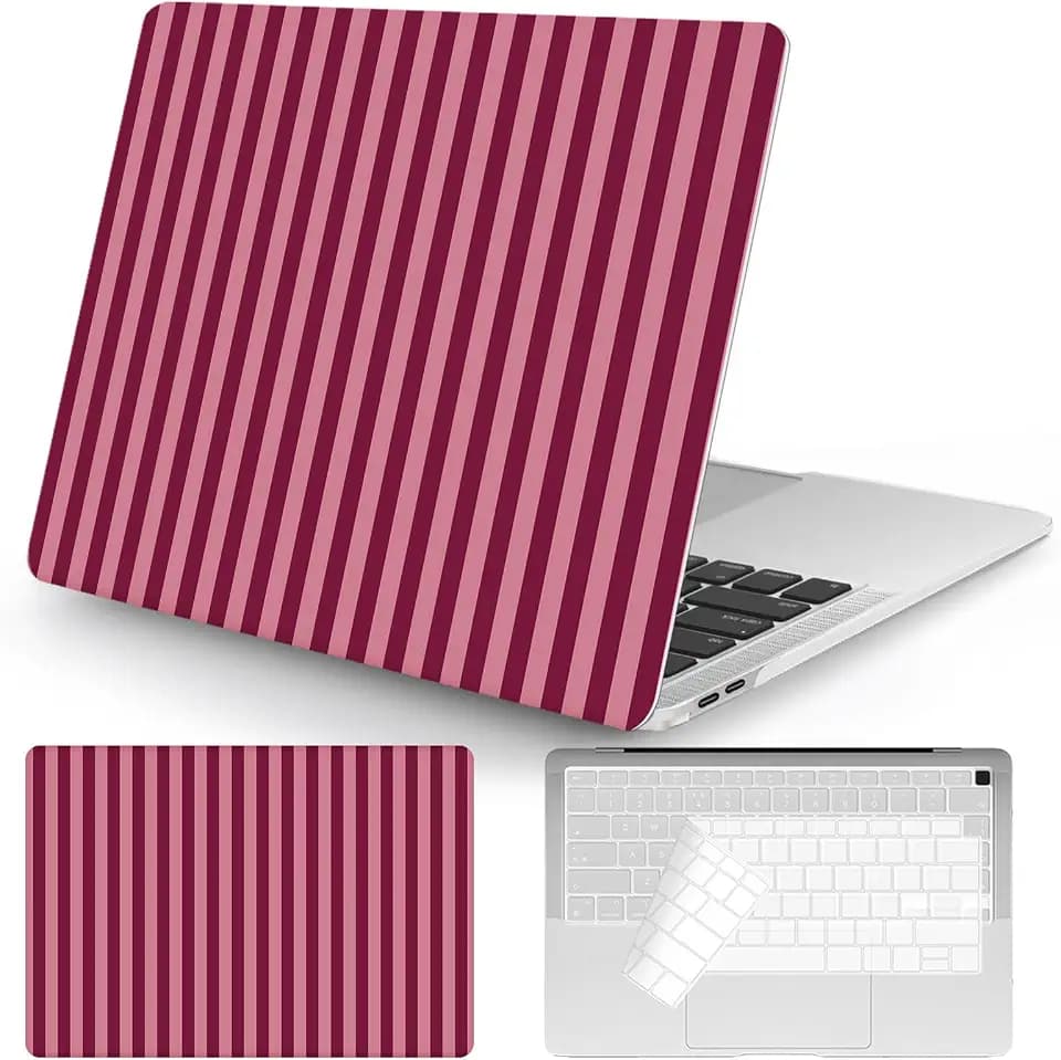 Seorsok Compatible with MacBook Air 13 Inch Case 2022-2018 Release A1932 A2179 M1 A2337 Touch ID,Aesthetic Stripes Plastic Hard Shell Case with Keyboard Cover,Deep Wine Red Stripes