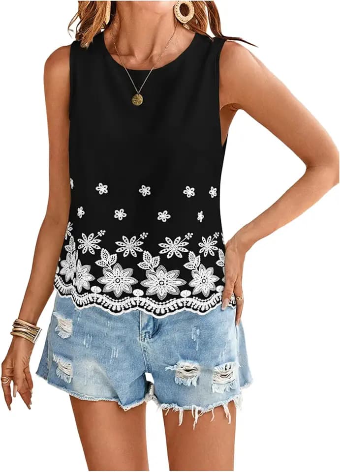 SweatyRocks Women's Eyelet Boho Floral Embroidery Vacation Tank Top