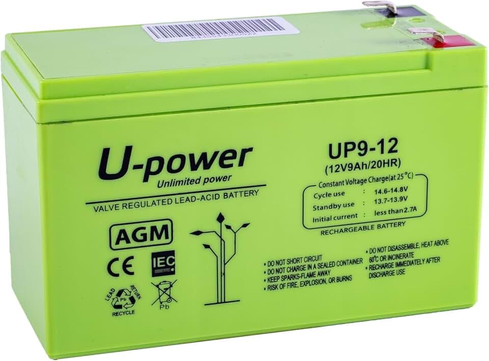 U-Power AGM Batterie 12V 9Ah, VRLA Bleiakku wartungsfrei, wiederaufladbar, Faston F2 (6,3 mm), für Alarmanlagen, USV/UPS, Sicherheit & Elektronik