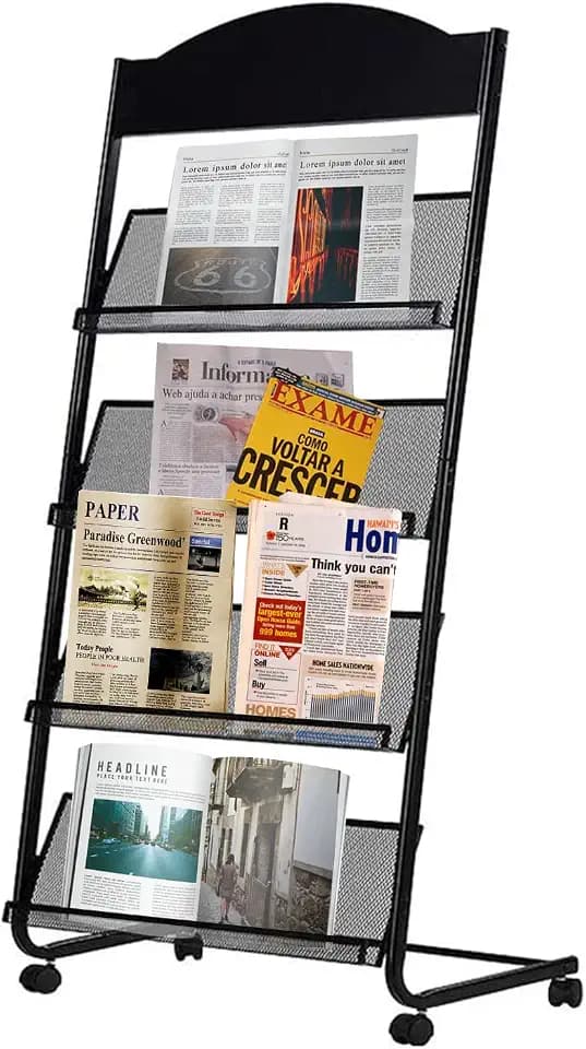 Prospekthalter mit Rollen,4 GroßE Taschen Iron Zeitschriftenständer Magazine Rack Stand,A4 BroschüRen FaltblattstäNder Mit RäDern Für Empfangsbereiche,Wartezimmer,Schulen Oder Bibliotheken