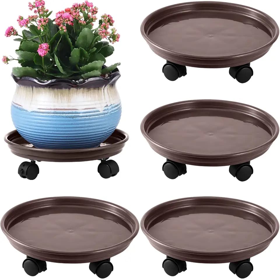 4 Packs Plant Caddy with Wheels 11.8" Plastic Rolling Plant Stands Heavy-Duty Plant Dolly with Casters Indoor Outdoor Plant Roller Base Large Saucer Tray Mover Coaster, Brown