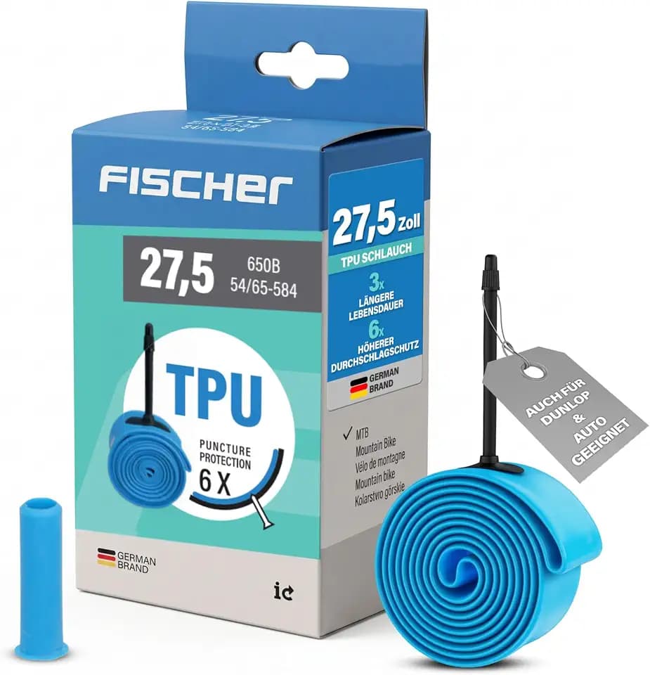 FISCHER TPU Fahrradschlauch MTB 27,5 Zoll, Mountainbike Schlauch 54-584 bis 65-584, mit Adapter für größere Ventillöcher, 6X Pannenschutz