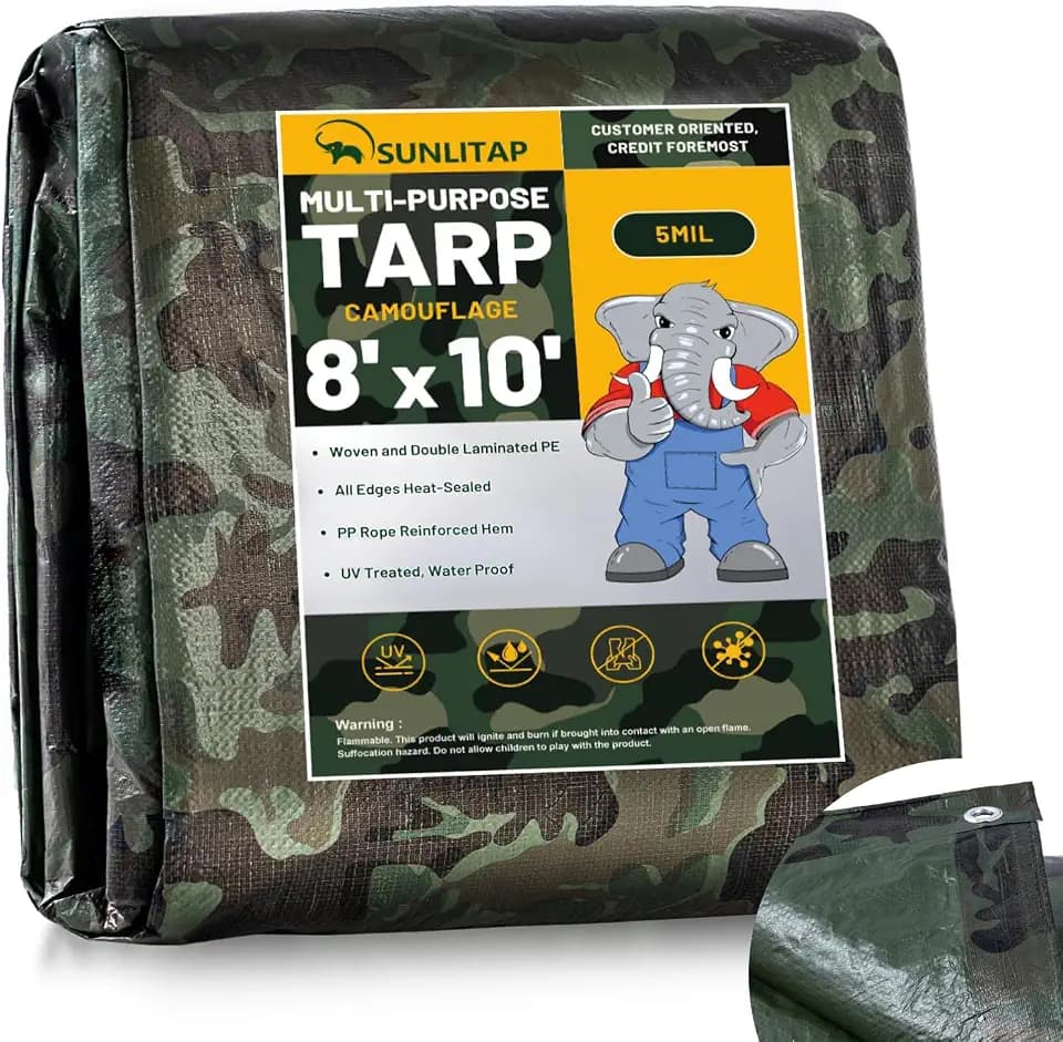 8x10Ft Large Multipurpose Waterproof Poly Tarp Cover, Camo, 5 Mil