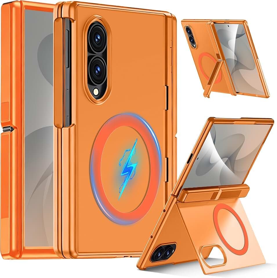 Miimall Magnetisch Handyhülle für Samsung Galaxy Z Fold 8 Hülle Ständer, [HD Displayschutz] Durchscheinend Matt Robust Stoßfest Scharnierschutz Hülle für Galaxy Fold 8 Full Case-Orange