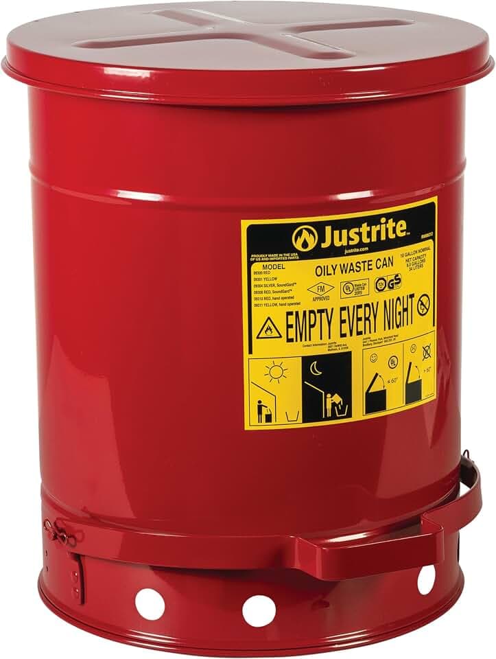 Justrite Stahlölbehälter mit fußbetätigtem Deckel, 38 L, Rot