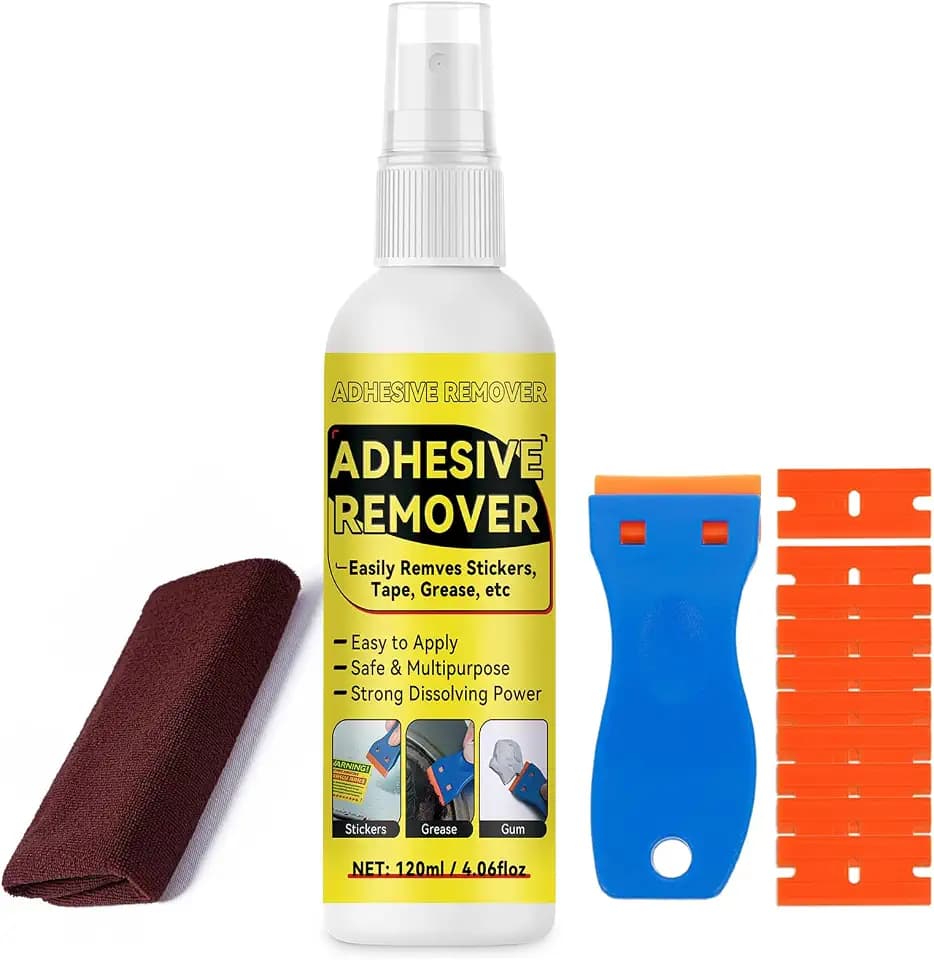 Adhesive Remover, Multipurpose Sticker and Label Cleaner, Surface-Safe Glue Remover with Plastic Scraper, Quickly Removes Decals, Tape Residue, Gum, Tar and Grease, 4.06 fl oz (120ml)
