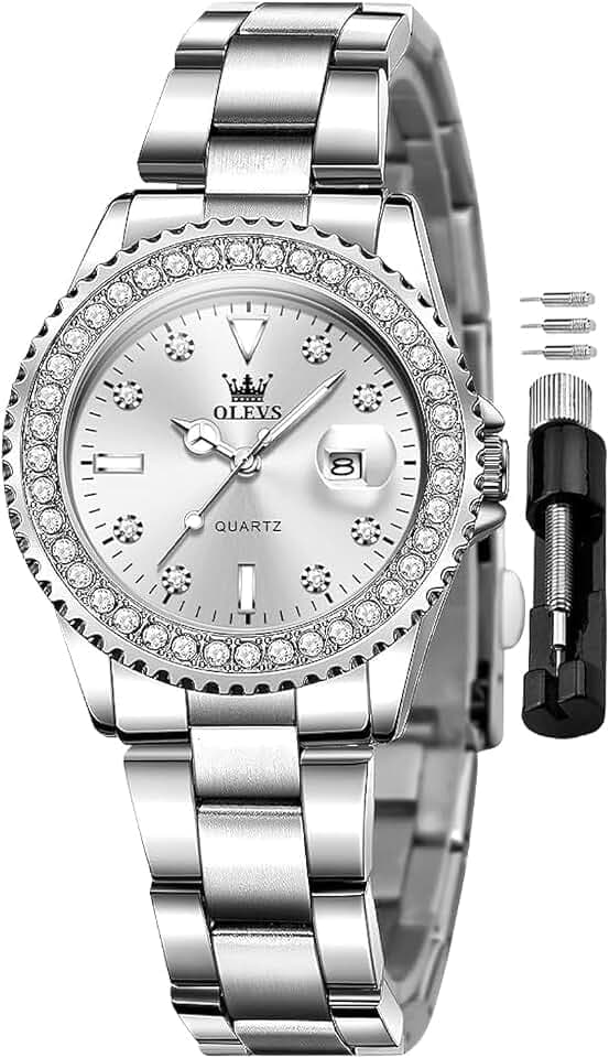 OLEVS Damen-Armbanduhr, Diamantkleid, Quarz, analog, weibliche Uhren, Edelstahl, zweifarbig, wasserdicht, leuchtend, Tag und Datum, Geschenk