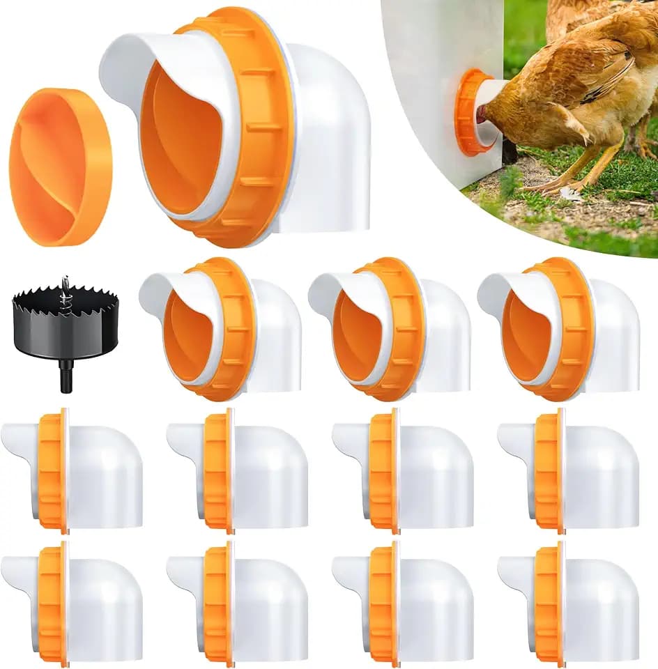 12 Chicken Feeder Ports,DIY Poultry Feeder Cups with Lid & Drill Bit,Orange