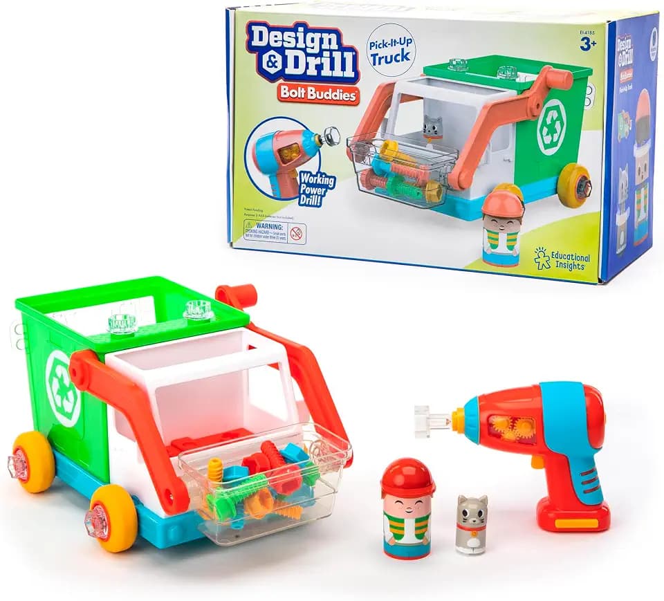 Educational Insights Design & Drill Bolt Buddies Pick-it-Up Truck - Building Construction Toys for Toddlers 3-5, Recycling/Trash Truck Toy, Kids Tool Set with Electric Toy Drill, Toddler STEM Toys