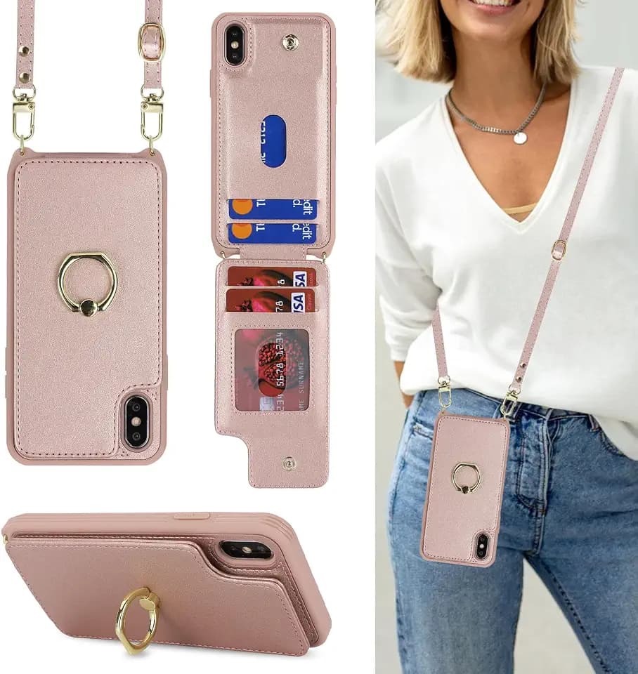 Lipvina Crossbody Wallet for iPhone X/XS Case with Strap-Rose Gold