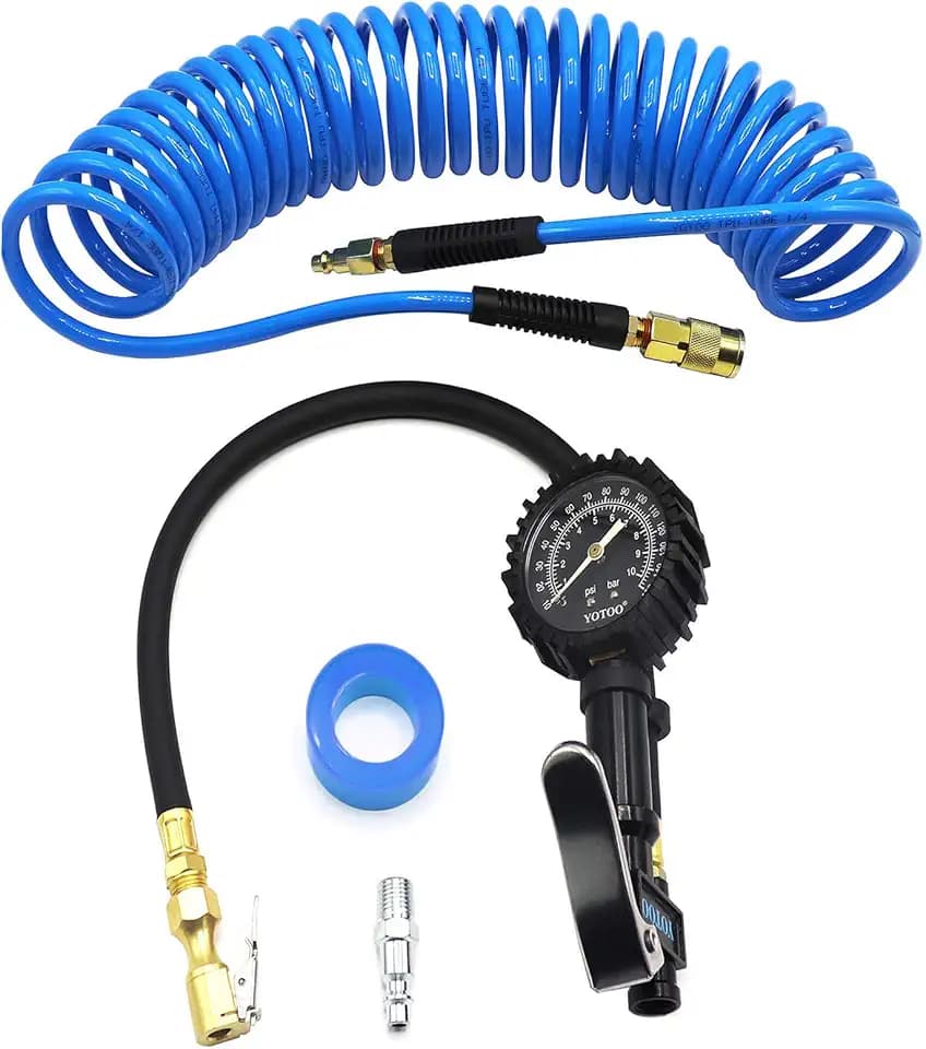 YOTOO Recoil Air Hose Kit with Tire Inflator Gauge, 1/4" Industrial Quick Coupler and Plug for tire infaltion and air Tools