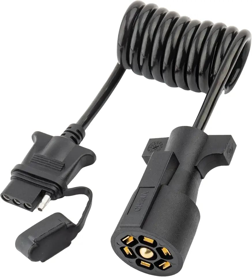 MECMO 7 Way Blade to 4 Way Flat Trailer Adapter Coiled Wiring Harness 5ft Male 7 Pin to 4 Pin Trailer Extension Cord Jacketed Cable, Heavy Duty 18AWG Copper 7 to 4 Wire Trailer Connector Plug 60 inch