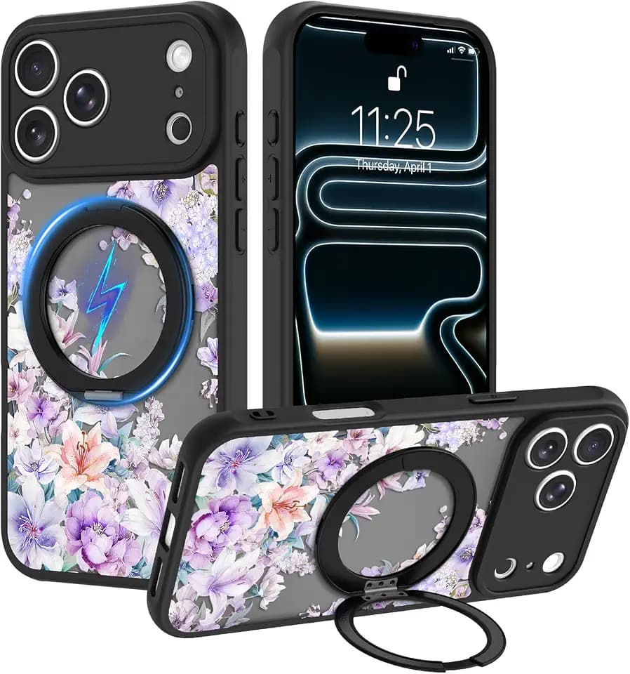 OOK Magnetic Case for iPhone 17 Pro Max with Kickstand,Purple Flower