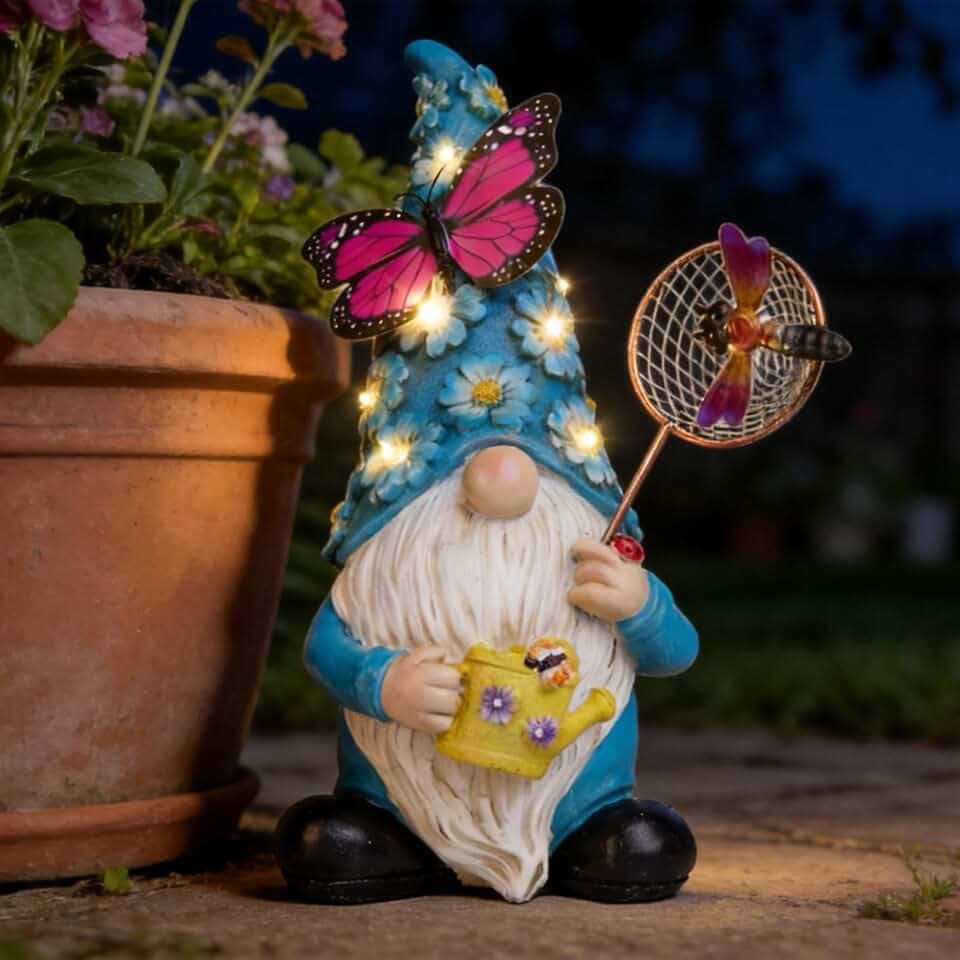 Garden Gnome Statues Outdoor Decor Solar Gnomes with Butterfly on LED Lighted Flowers, Resin Blue Gnomes Sculpture for Patio Yard Lawn Onament Decoration