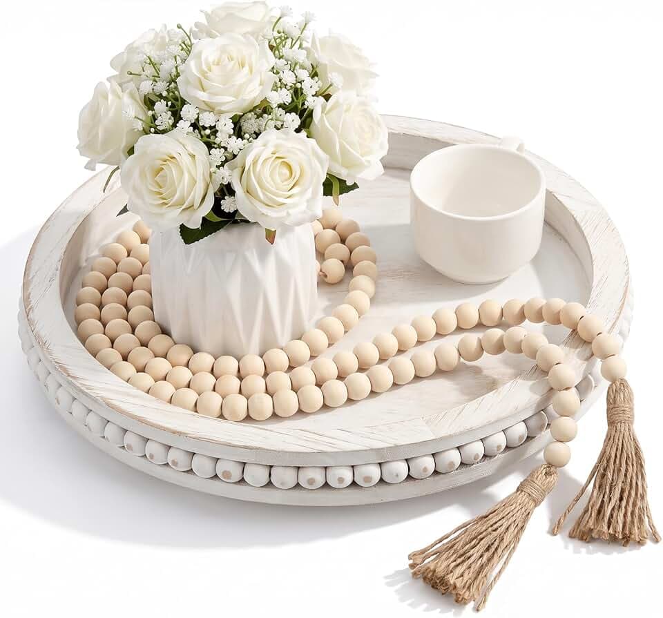 Mumufy 12" Round Decorative Tray with 58" Bead Garland, White Washed