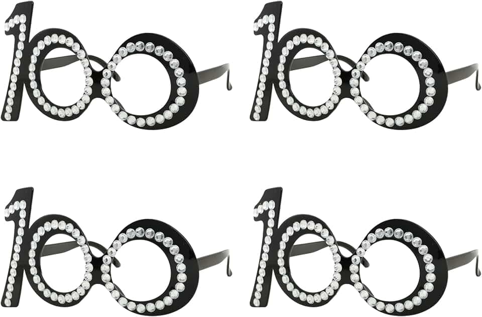 Dekorationen zum 100. Geburtstag – 4 Stück "100 Years Old" lustige Brillen, Schultage, Foto-Requisiten, schwarze Brille mit Strass-Rahmen, Party-Dekorationen zum 100. Jahrestag, Brillen, Partyzubehör
