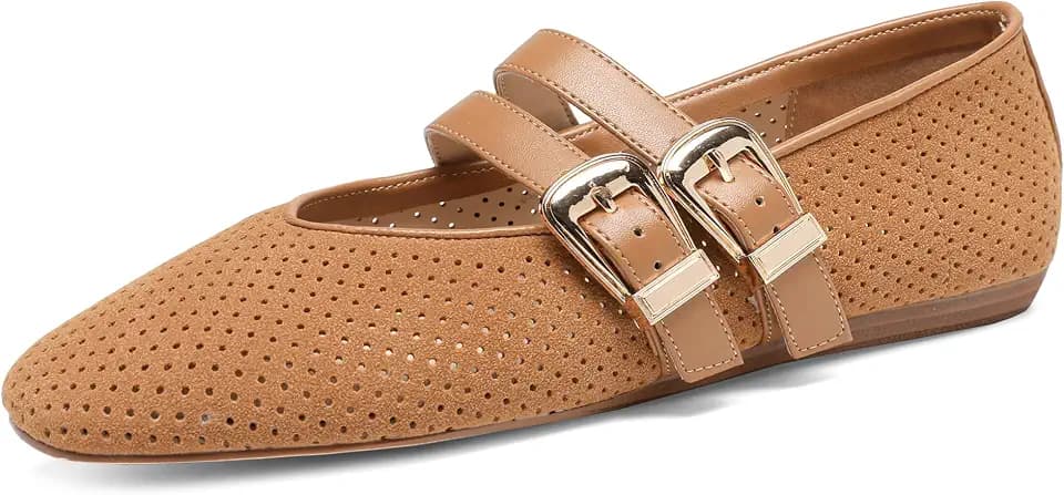 Riekhany Mary Jane Flats for Women Woven Raffia Round Toe Ballet Flat Shoes