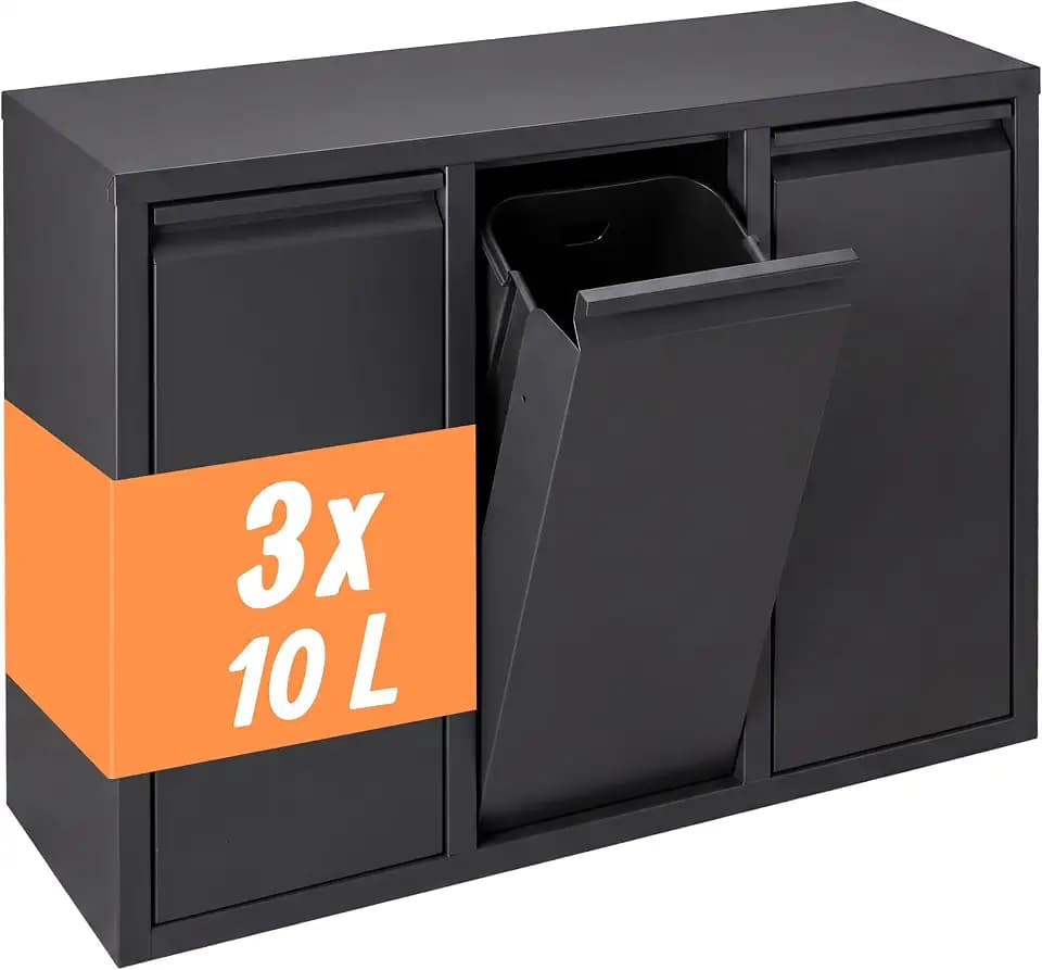 Relaxdays Mülleimer, 3 Fächer, 3x10 l, schwarz