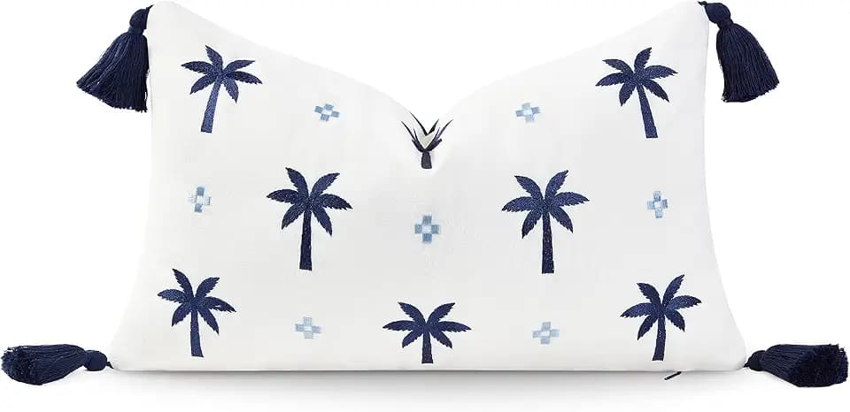 Hofdeco Premium Coastal Hampton Style Patio Indoor Outdoor Lumbar Pillow Cover Only, 12"x20" Water Resistant for Backyard, Couch, Navy Blue Baby Embroidered Palm Tree Tassel