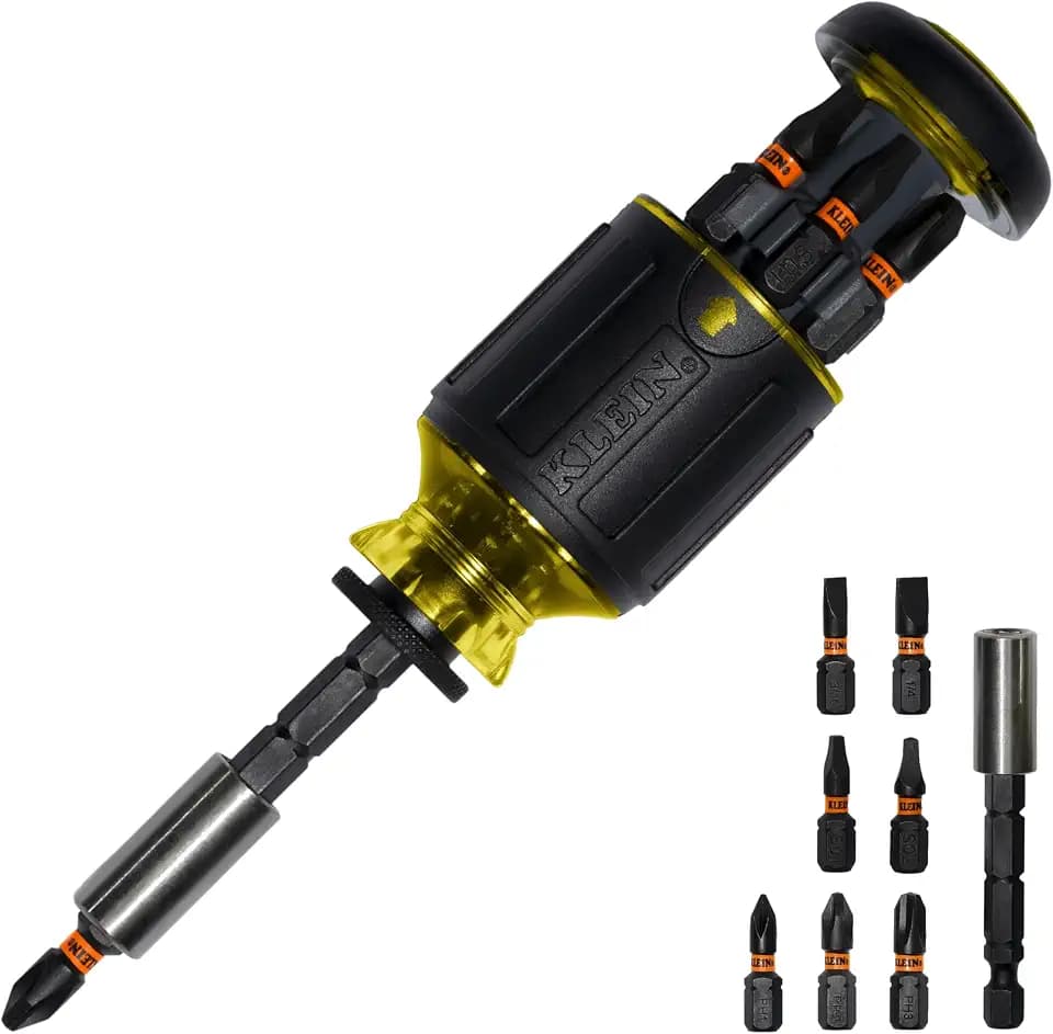 Klein Tools 32308 Multi-bit Stubby Screwdriver, Impact Rated 8-in-1 Adjustable Magnetic Tool with Phillips, Slotted, Square and Nut Driver