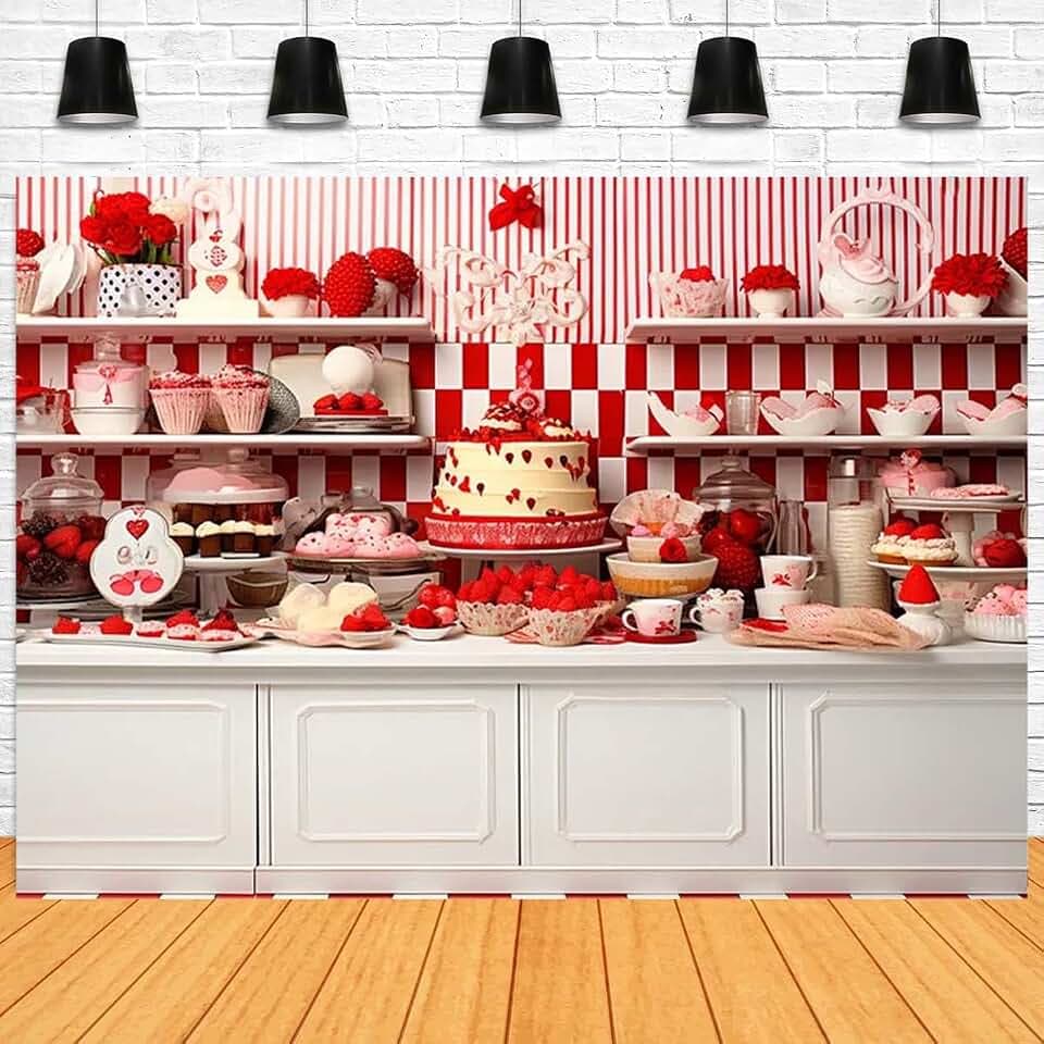 Valentine's Day Backdrop Valentine Kitchen Backdrops for Photography Sweet Shop Retro Wood Wall Cook Decor Background Pink Rose Girls Photo Background,7x5ft