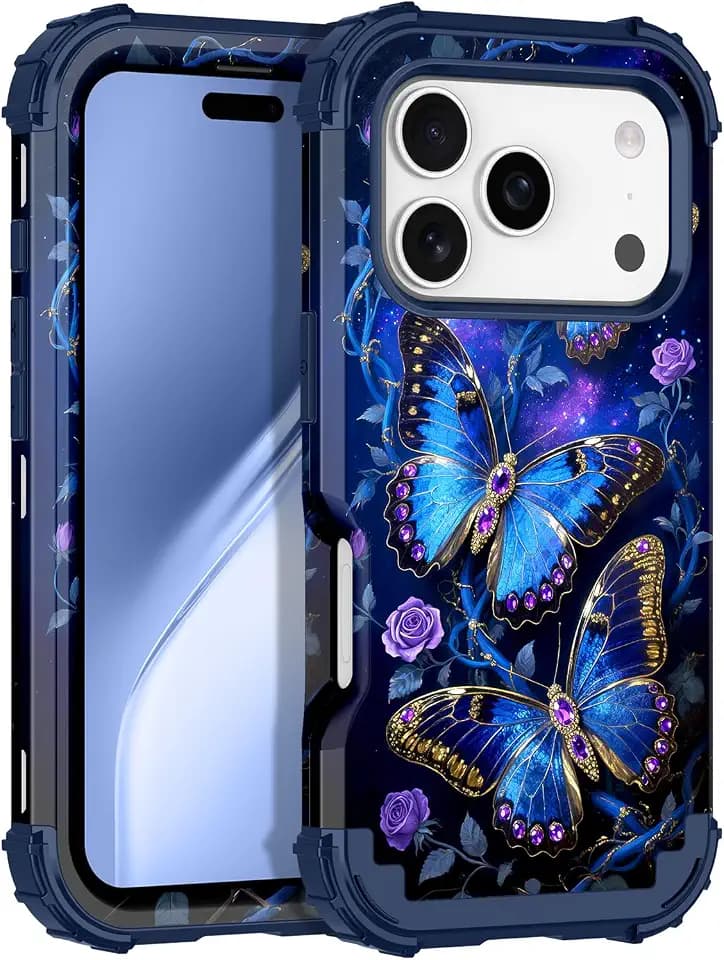 LONTECT for iPhone 17 Pro Max Case 3 in 1 Shockproof Heavy Duty Rugged Hard PC+Soft Silicone Full Body Protective Cover Butterfly Case for Apple iPhone 17 Pro Max, Glow in The Dark Deep Blue