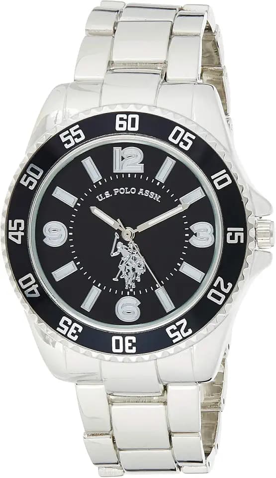 U.S. Polo Assn. Men's Analog Stainless Steel Watch with Black Dial and Rotating Bezel – Sleek Design, Adjustable Band, and Water-Resistant – Fits Wrists 5.5" to 8"