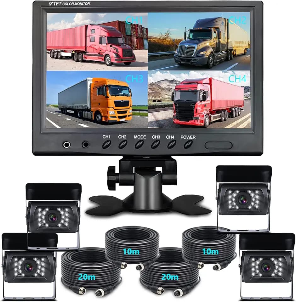 Hodozzy 4 Channel Backup Camera System with 9 Inch Quad Split Screen Monitor, Waterproof Rear View Camera with 18 IR Night Vision, Easy Installation for Truck RV Trailer Vans