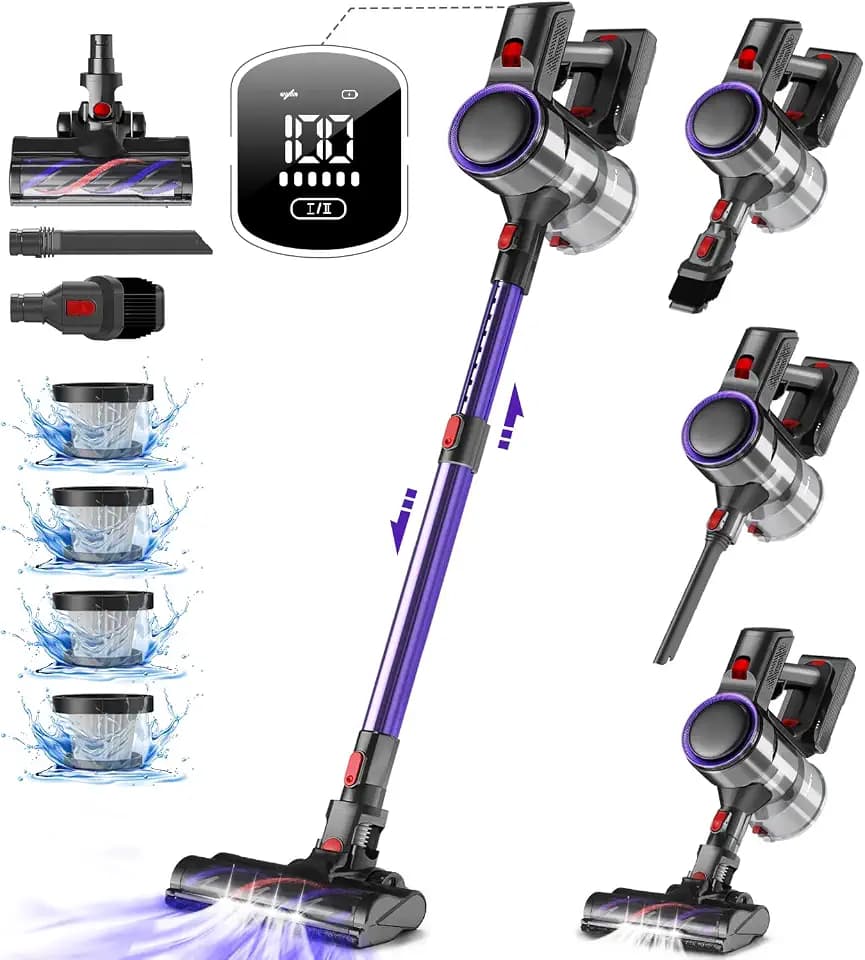 Akku Staubsauger, 50000Pa Staubsauger Kabellos, Kabelloser Staubsauger mit Touchscreen, 50Mins, 1.6L, H13 HEPA, Anti-Tangle-Bürste, für Hartböden/Teppich/Tierhaare, Hellviolett