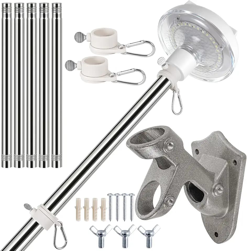 6FT Stainless Steel Flag Pole Kit for House with 36 LED Solar Light, Heavy Duty Tangle Free Outdoor Flag Pole | Adjustable Wall Mount Bracket for Porch Yard Residential Display(Without Flag)