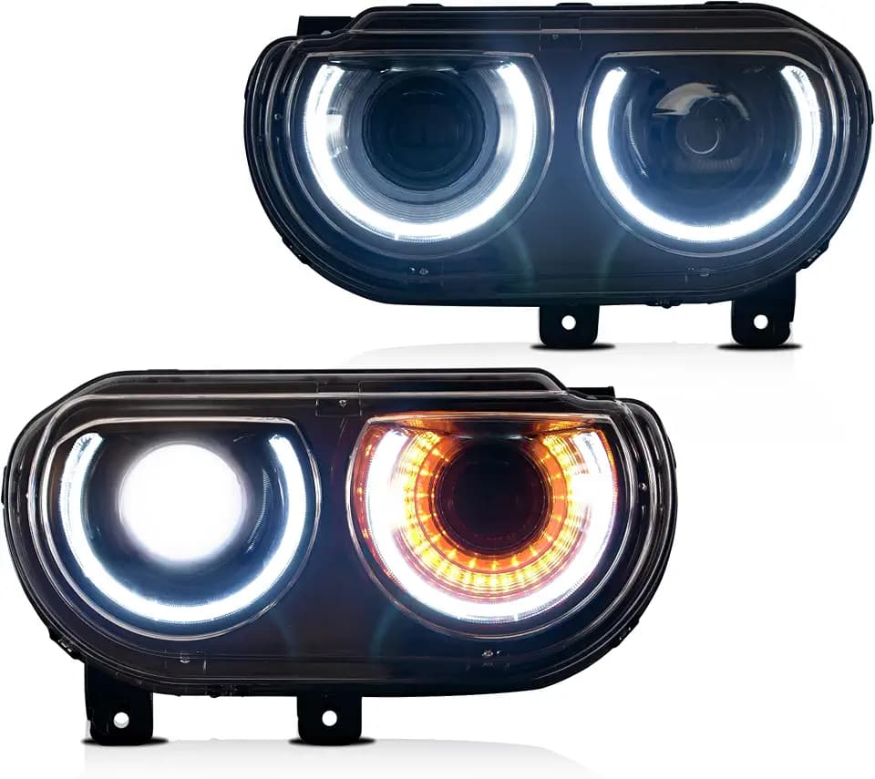VLAND Projector Headlights Compatible with Dodge Challenger 2008-2014 w/Sequential Indicator Halo, D2S/ D2H Bulb (Not Included) for HI/LO Beam, Passenger& Driver Sides
