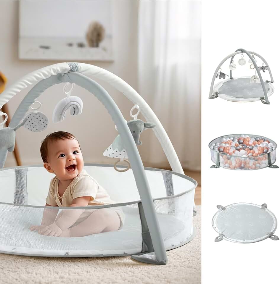 Mallify 5-in-1 XL Baby Spielbogen mit Spielmatte, Spielplatz & Bällebad, Kombiniertes Baby-Spielcenter mit Meilensteinkarten zur Sinnes- und Motorikförderung, Bälle Nicht enthalten