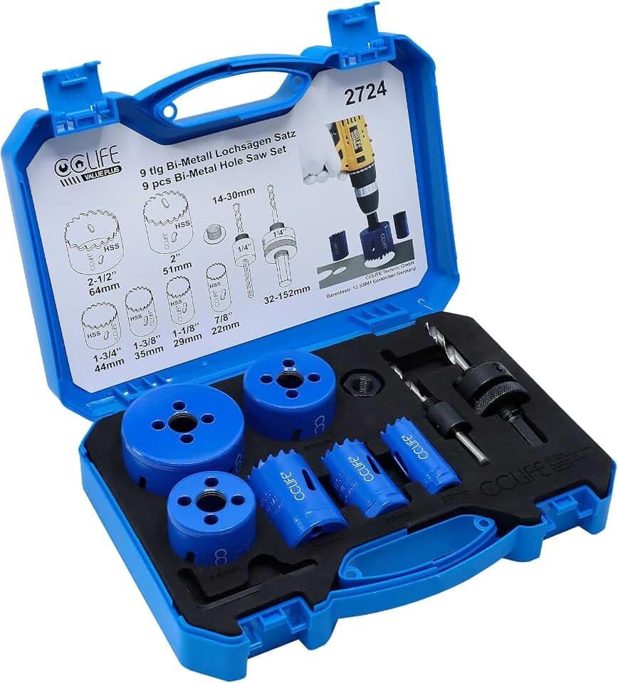CCLIFE Lochsäge Set Bi-Metall, 8tlg Bimetall M3 HSS-CO Lochbohrer Ø22-64mm | Schnitttiefe 38mm | zum Bohren von Edelstahl Leichtmetall Holz PVC Kunststoff usw.