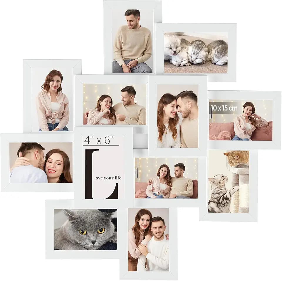 SONGMICS Bilderrahmen-Collage, 12 Fotorahmen für 10 x 15 cm Bilder | Fotocollage, Wandcollage, Multi-Rahmen, Wanddeko, Mattweiss und Klares Glas, KAVI Kollektion RPF22WT