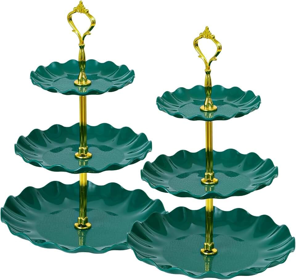 Soleebee 3-Tier Cupcake Stand, Wavy Plastic Tiered Serving Tray, Cup Cake Tower for Birthday Wedding Party Decoration, Cupcake Tier Stand Fruits Desserts Display 2 Pack (Green)