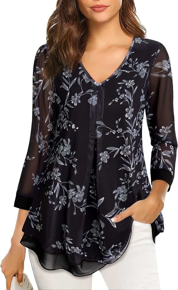 Gaharu Damen Bluse 3/4 Arm Blumen Tunika Shirt Elegant Doppellagig V-Ausschnitt Mesh Locker Longshirt