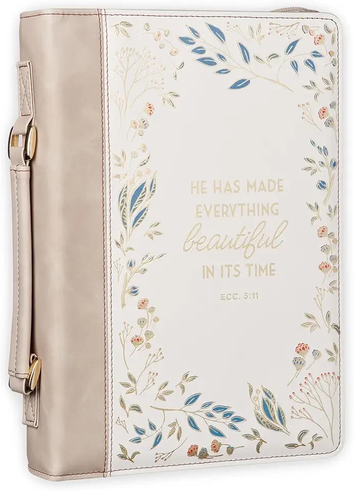 Christian Art Gifts Fashion Premium Vegan Leather Inspirational Bible Cover for Women: Everything Beautiful Encouraging Golden Bible Verse, Pen Loops, Pockets, Taupe & White Multicolor Floral, XL